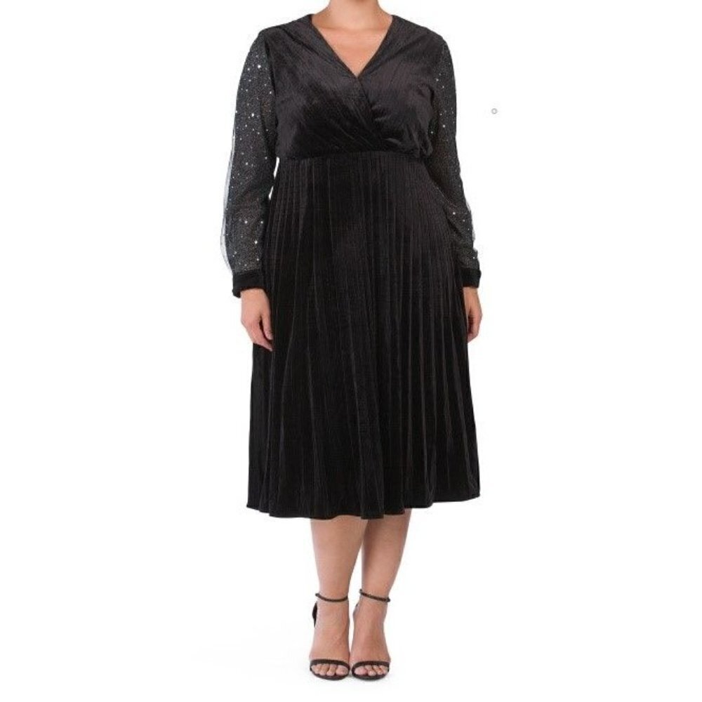 DALIA MACPHEE Plus Sheer Sequin Sleeve Midi Black Dress Womens Size 2X